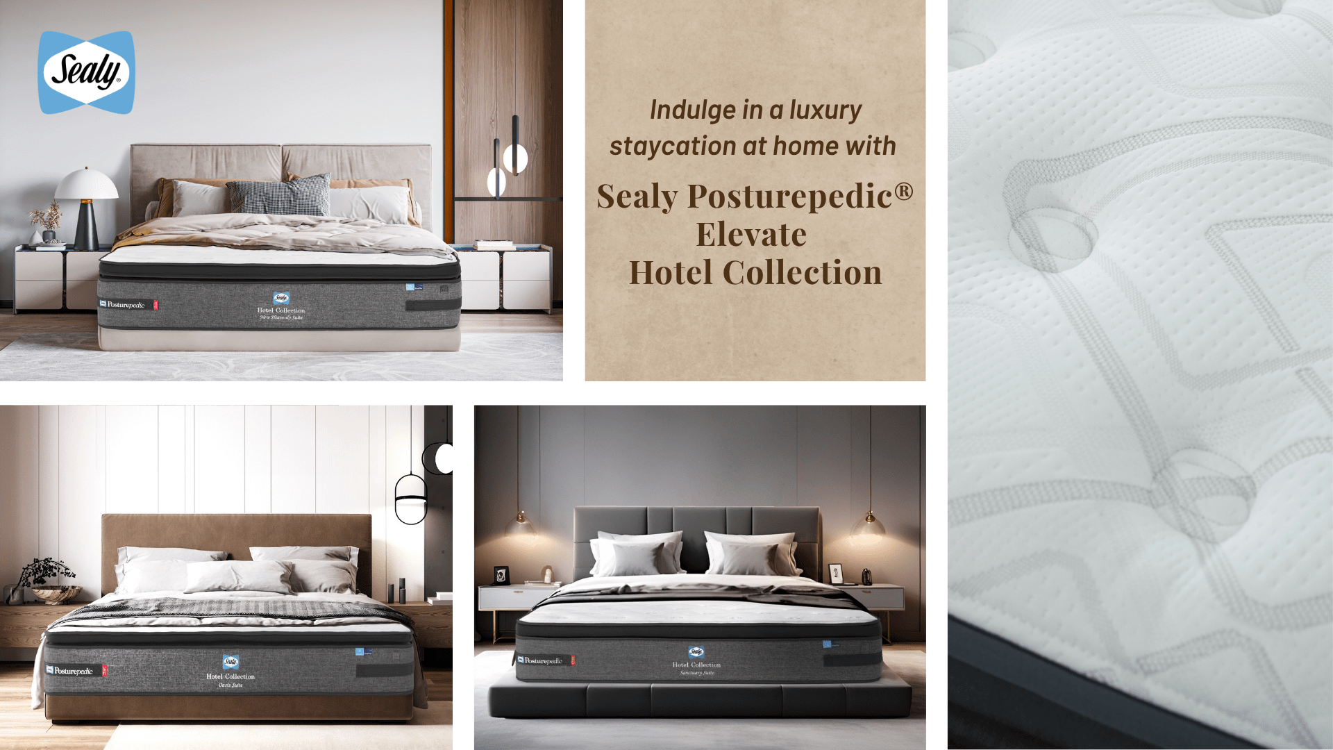 Why Hotel Mattresses Feel So Comfortable: How to Recreate the Experience at Home 4 Sealy Posturepedic Elevate Hotel Collection mattresses displayed in luxury bedroom settings