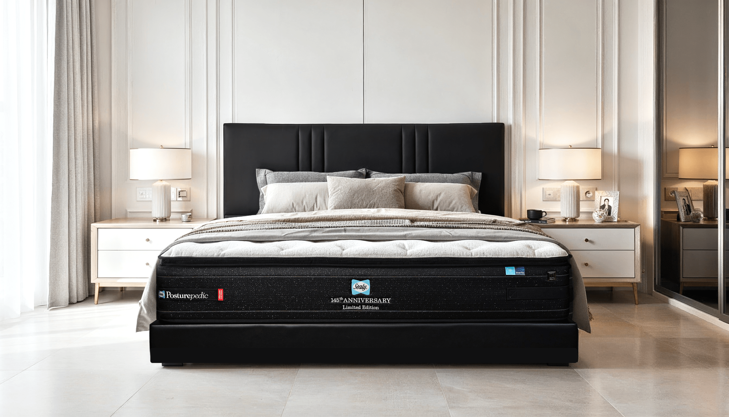 145 Years of Better Sleep: How Sealy Continues to Lead Luxury Mattress Innovation 4 Sealy Posturepedic 145th Anniversary mattress in modern bedroom with black upholstered headboard'