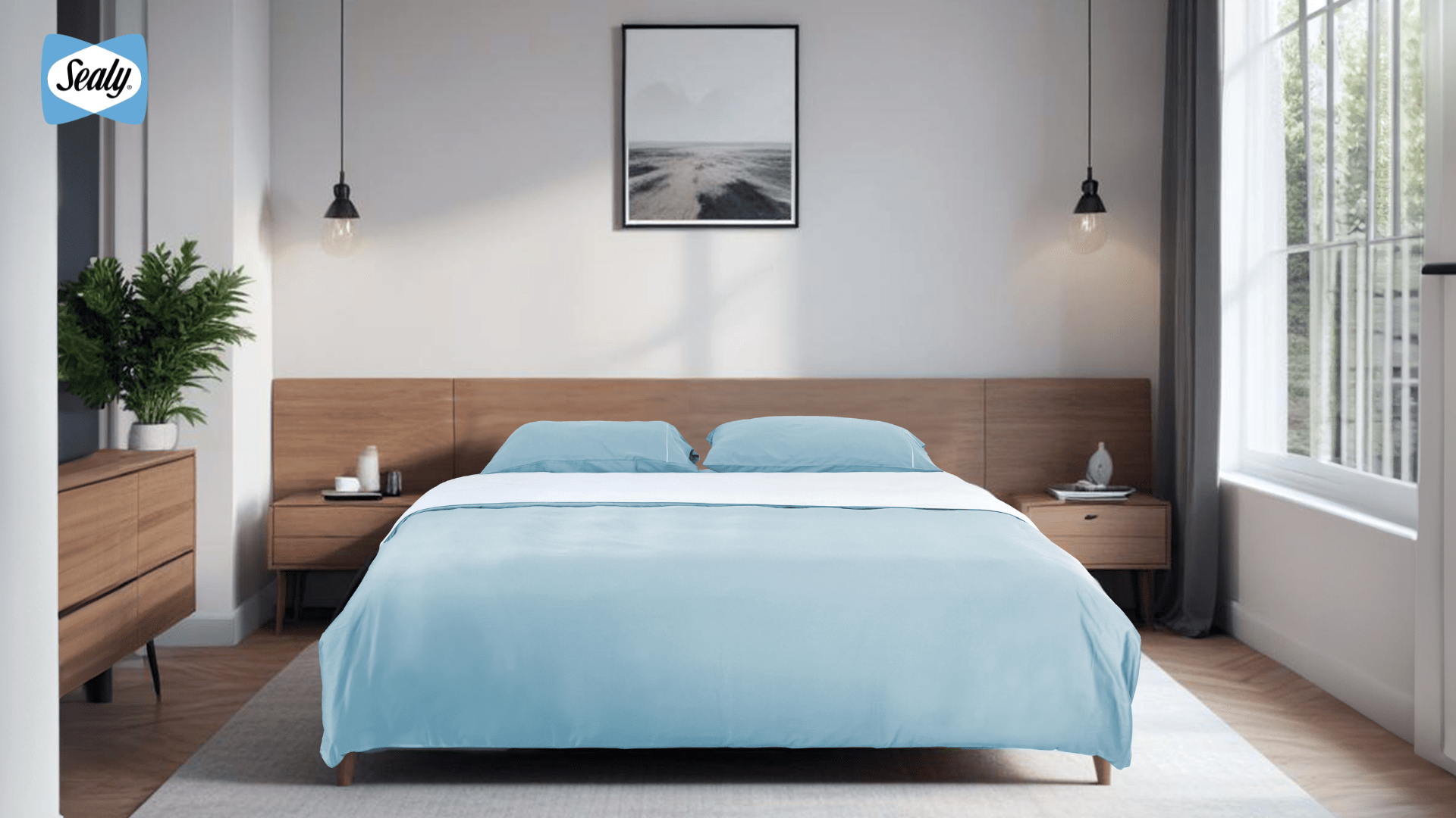 Why Hotel Mattresses Feel So Comfortable: How to Recreate the Experience at Home 5 Sealy mattress with light blue bedding on a bed in a bright modern bedroom