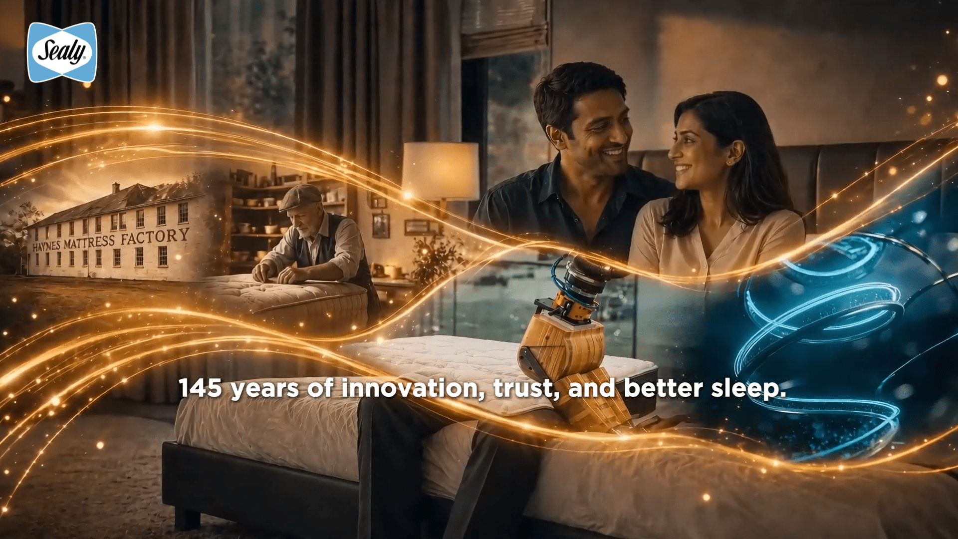 145 Years of Better Sleep: How Sealy Continues to Lead Luxury Mattress Innovation 1 Sealy mattress advertisement showing couple on bed in modern bedroom with 145 years of innovation tagline and factory heritage imagery