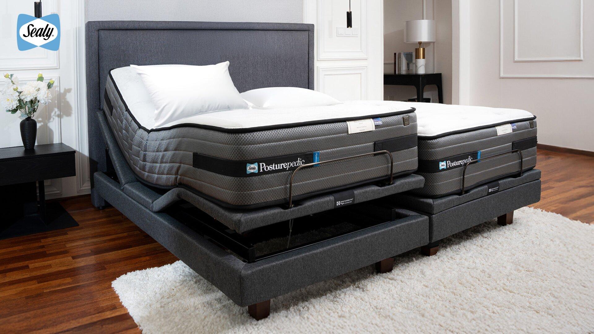 The Science Behind Sealy's Adjustable Beds: Engineered to Move, Designed to Support 3 Two Sealy Posturepedic mattresses on a split adjustable bed base (known as The Sealy Posturematic Energise Base)