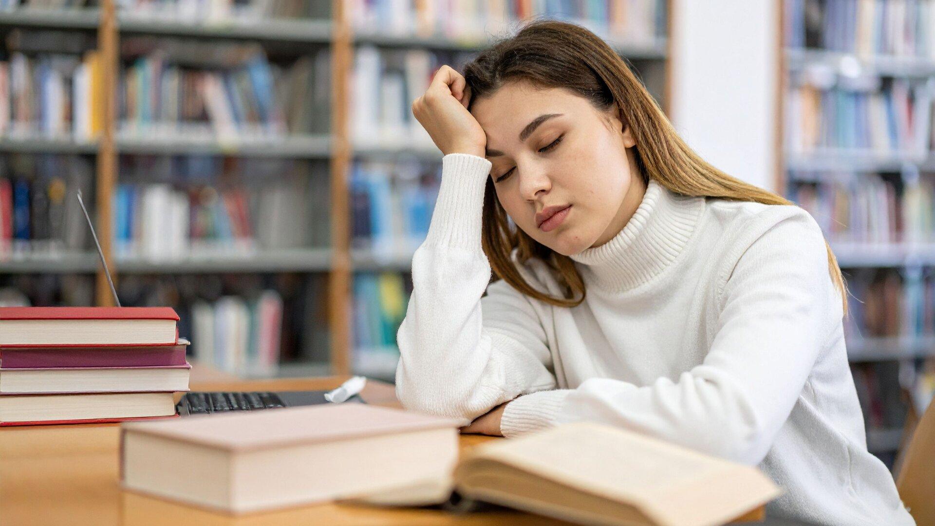 What Pillow Height Is Right for Your Sleeping Position? 3 Sealy-branded image of a tired reader, illustrating how poor pillow fit can affect rest and daytime comfort.