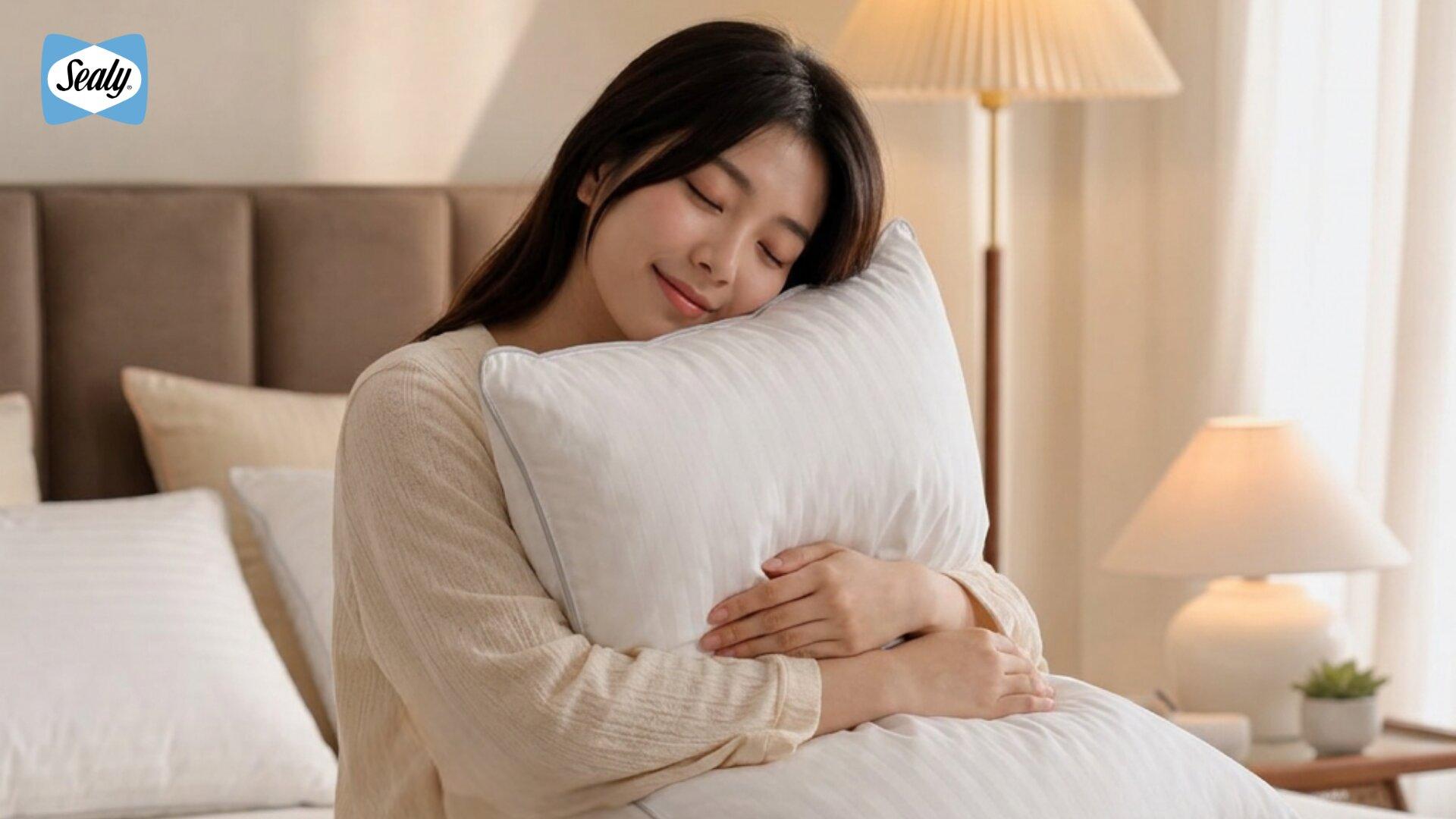 Woman hugging a white Sealy pillow while sitting on a bed in a softly lit bedroom.
