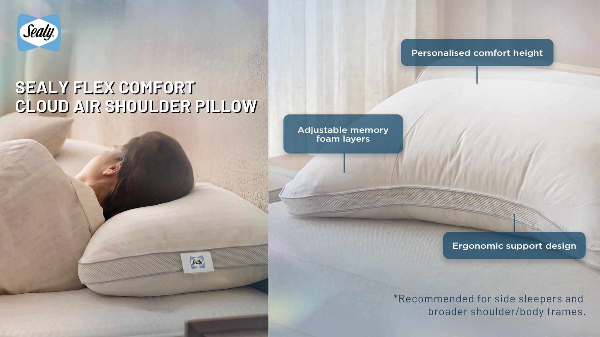 Sealy Flex Comfort Cloud Air Shoulder Pillow with adjustable memory foam layers and ergonomic support for side sleepers.