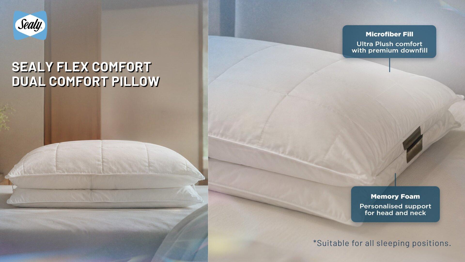 Sealy Flex Comfort Dual Comfort Pillow with microfiber fill and memory foam support for all sleeping positions.