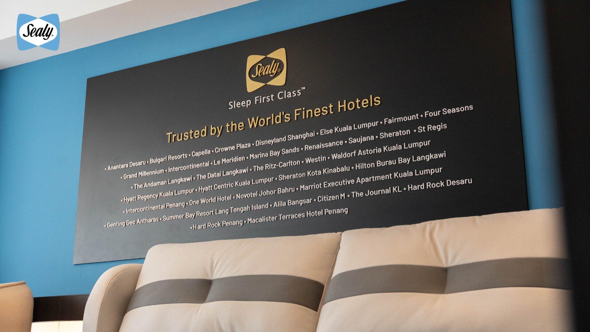Discover Sealy Sleep Boutique Penang: A New Destination for First-Class Sleep 10 Sealy Sleep First Class board listing the hotels that use Sealy mattresses, including Marina Bay Sands and The Ritz-Carlton