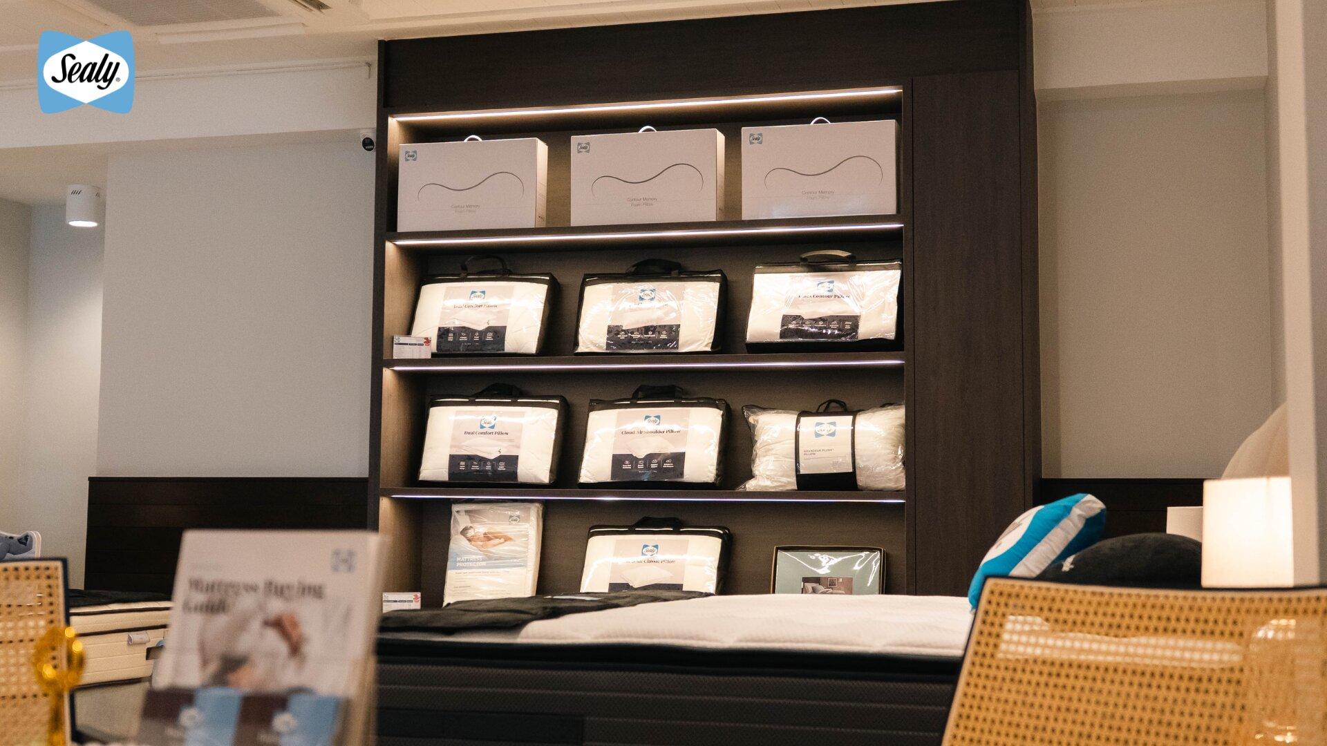 Discover Sealy Sleep Boutique Penang: A New Destination for First-Class Sleep 8 Sealy pillow collection on display at the Sealy Sleep Boutique Penang, including contour memory foam and latex contour pillows