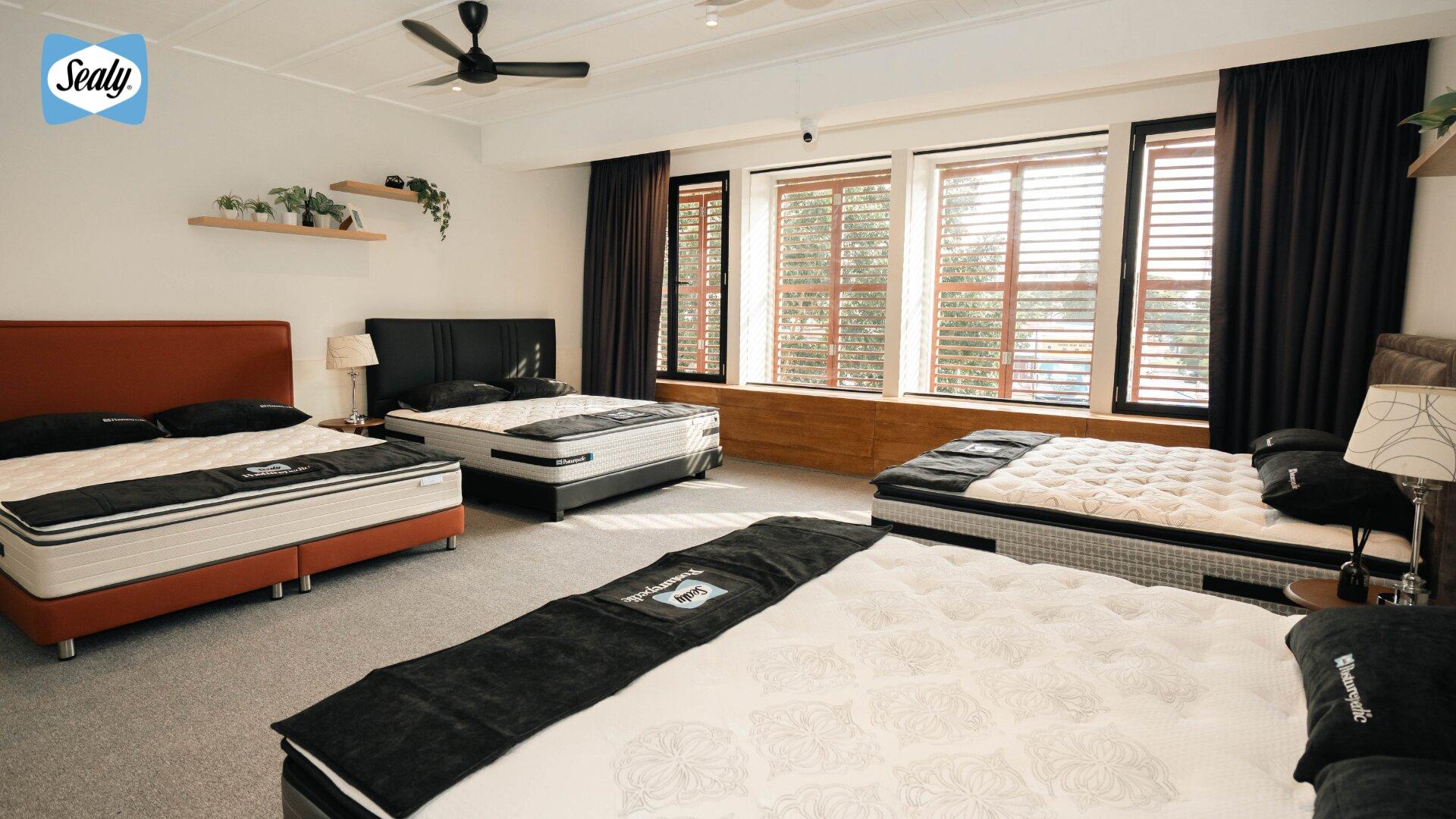 Discover Sealy Sleep Boutique Penang: A New Destination for First-Class Sleep 6 Upper floor of Sealy Sleep Boutique Penang with four Sealy Posturepedic mattresses set out for testing